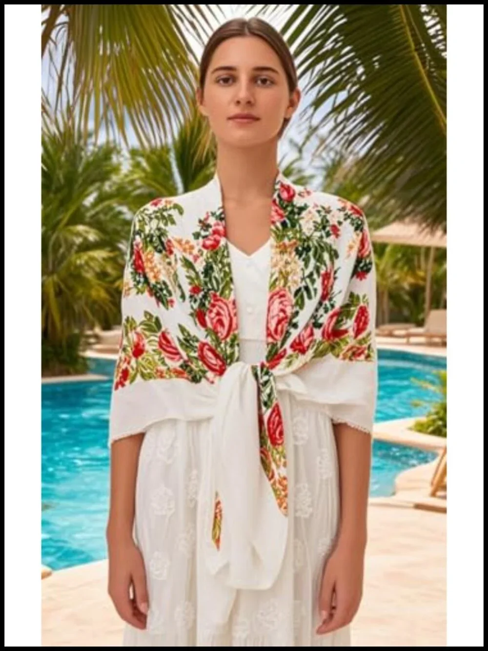 Mexican Shawl Scarf Wrap with Tassel Fringes, Cotton Linen Square Shawl